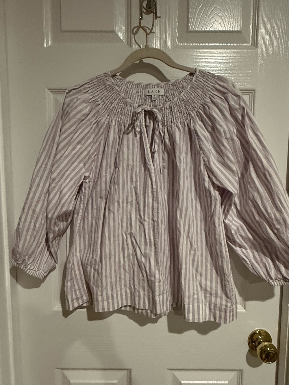 LAKE Lavender-White Striped Smocked Peasant Blouse